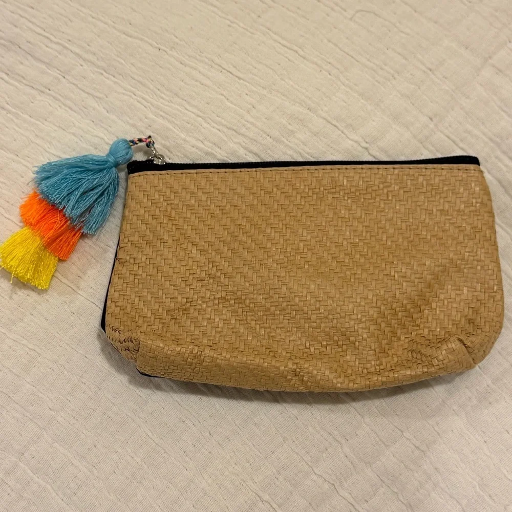 Woven Tan Clutch Cosmetic Pouch - Colorful Tassel Pom Pom / Toiletry bag